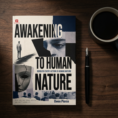 Awakening to Human Nature by Owen Pierce, front cover flat lay on a dark walnut desk with coffee and a fountain pen