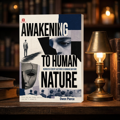 Awakening to Human Nature standing upright on a desk beside a warm brass lamp and stacked books