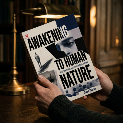 A reader holding Awakening to Human Nature open under a brass desk lamp
