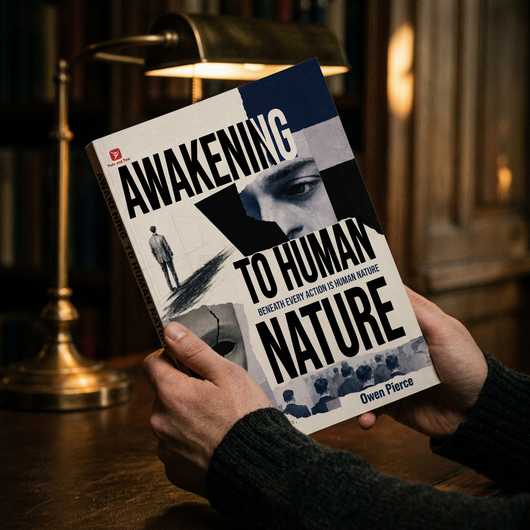 A reader holding Awakening to Human Nature open under a brass desk lamp