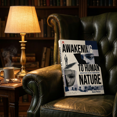 Awakening to Human Nature propped on a green leather armchair in a book-lined study