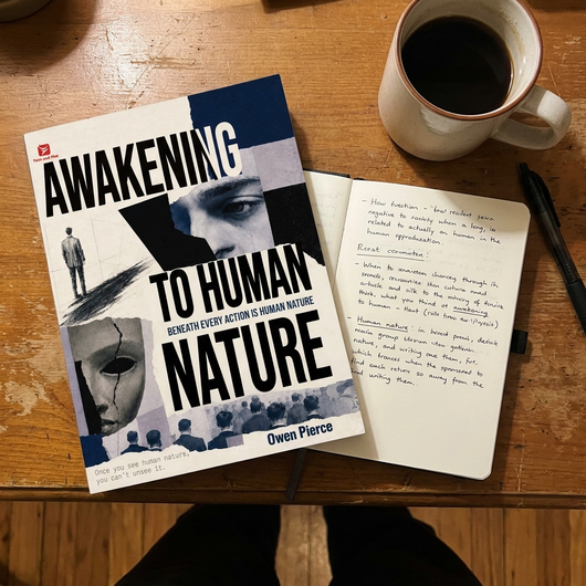 Awakening to Human Nature beside a notebook of handwritten notes and a cup of coffee