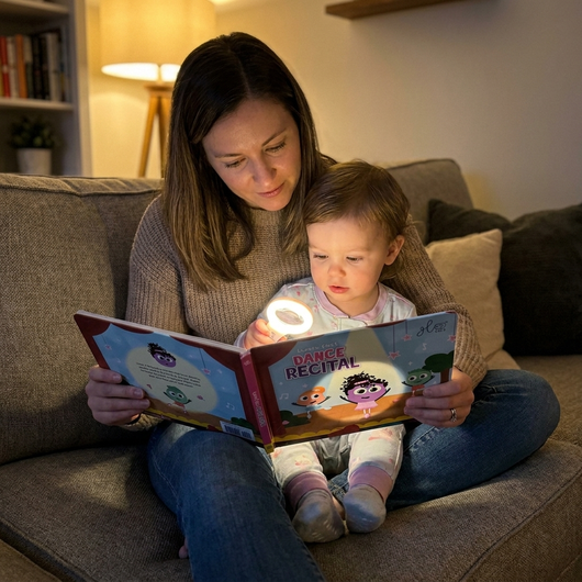 A mother and toddler on a couch reading Lumi's First Dance Recital together by the glow of the Magic Magnifier