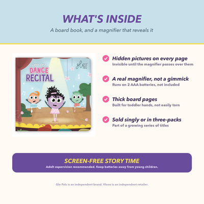 What's inside Lumi's First Dance Recital: hidden pictures on every page, a real magnifier, thick board pages