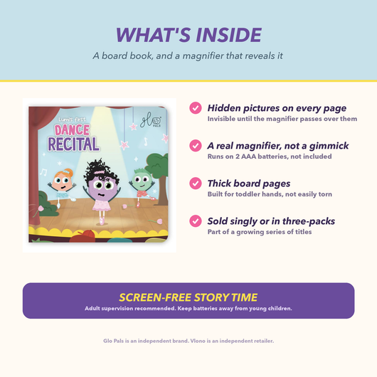 What's inside Lumi's First Dance Recital: hidden pictures on every page, a real magnifier, thick board pages