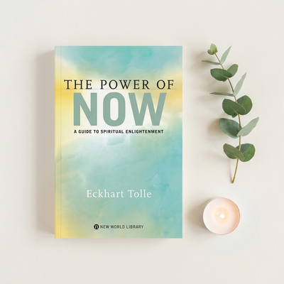 The Power of Now flat-lay with eucalyptus and candle