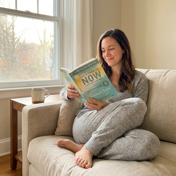 A person reading The Power of Now by Eckhart Tolle in a calm, sunlit space